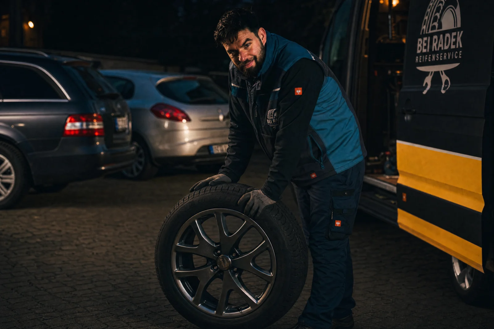 Visualisierung eines gemeinsamen Radwechsel-Termins: Radoslaw Gliwinski mit Rad, Servicebus und mehreren Pkw